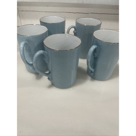VTG Hand Paint Blue Iris Flower Porcelain Mugs Set of 5 Gold Rim Cottagecore Art - Picture 5 of 11